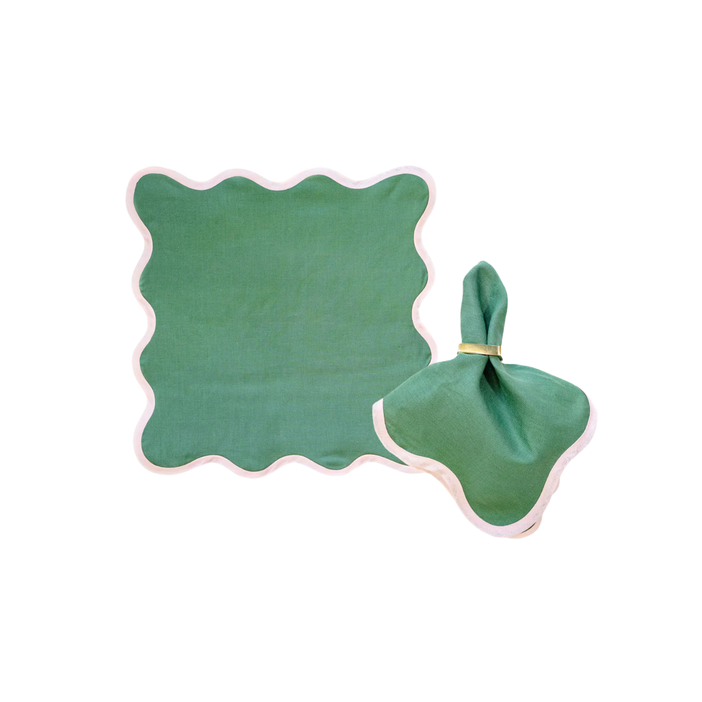 Scalloped Placemat / Napkin in Pine Green With Peony - Set of 4