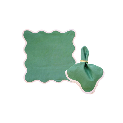 Scalloped Placemat / Napkin in Pine Green With Peony - Set of 4