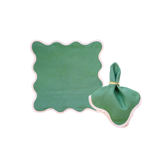 Scalloped Placemat / Napkin in Pine Green With Peony - Set of 4