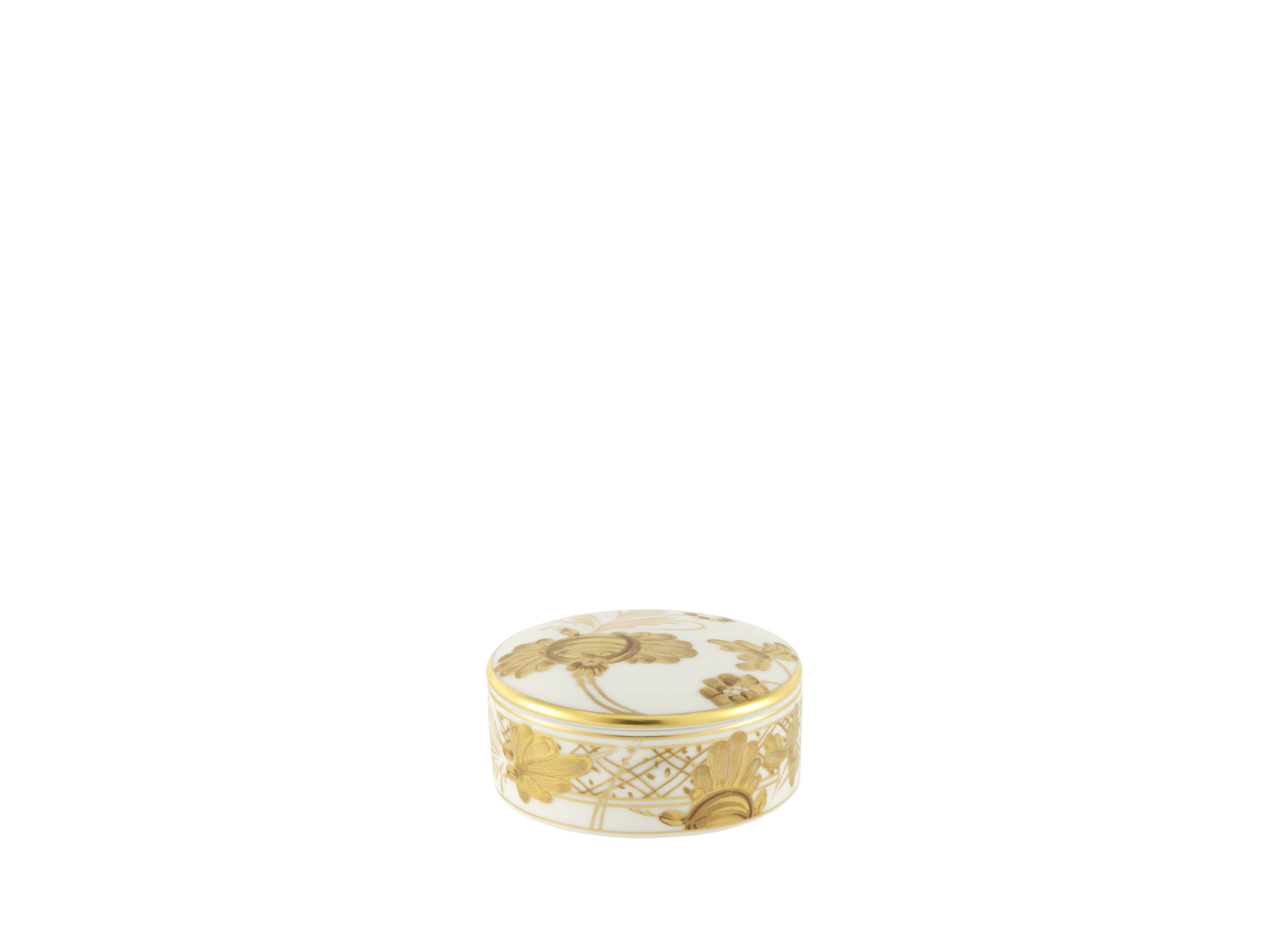 White porcelain scented stone box with a delicate pure gold floral ornament, part of the Oriente Italiano Gold Collection. closed view