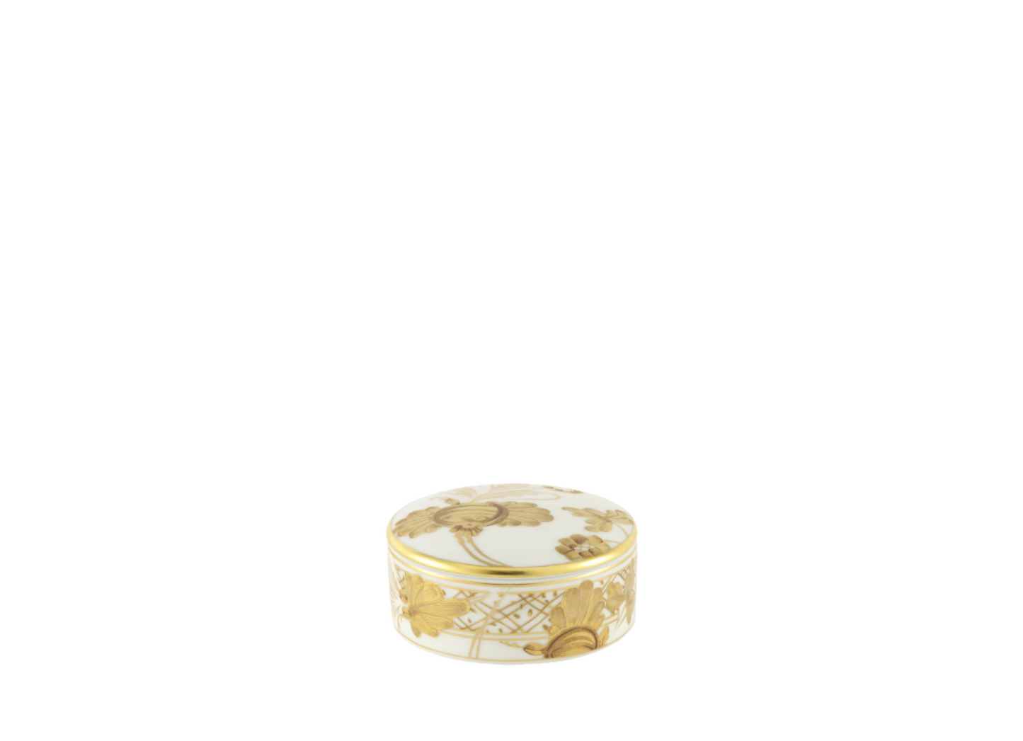 White porcelain scented stone box with a delicate pure gold floral ornament, part of the Oriente Italiano Gold Collection.