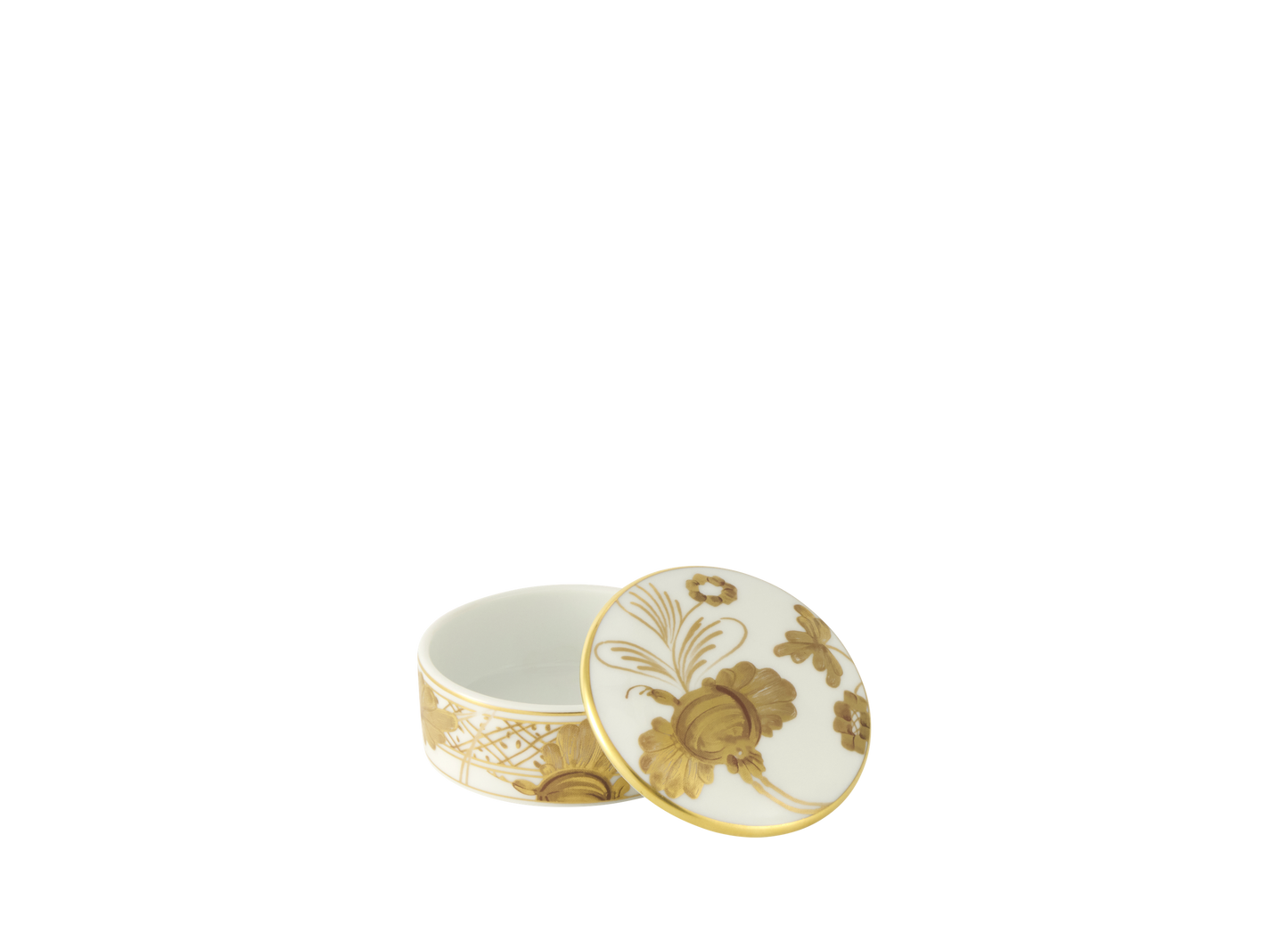 White porcelain scented stone box with a delicate pure gold floral ornament, part of the Oriente Italiano Gold Collection. open view