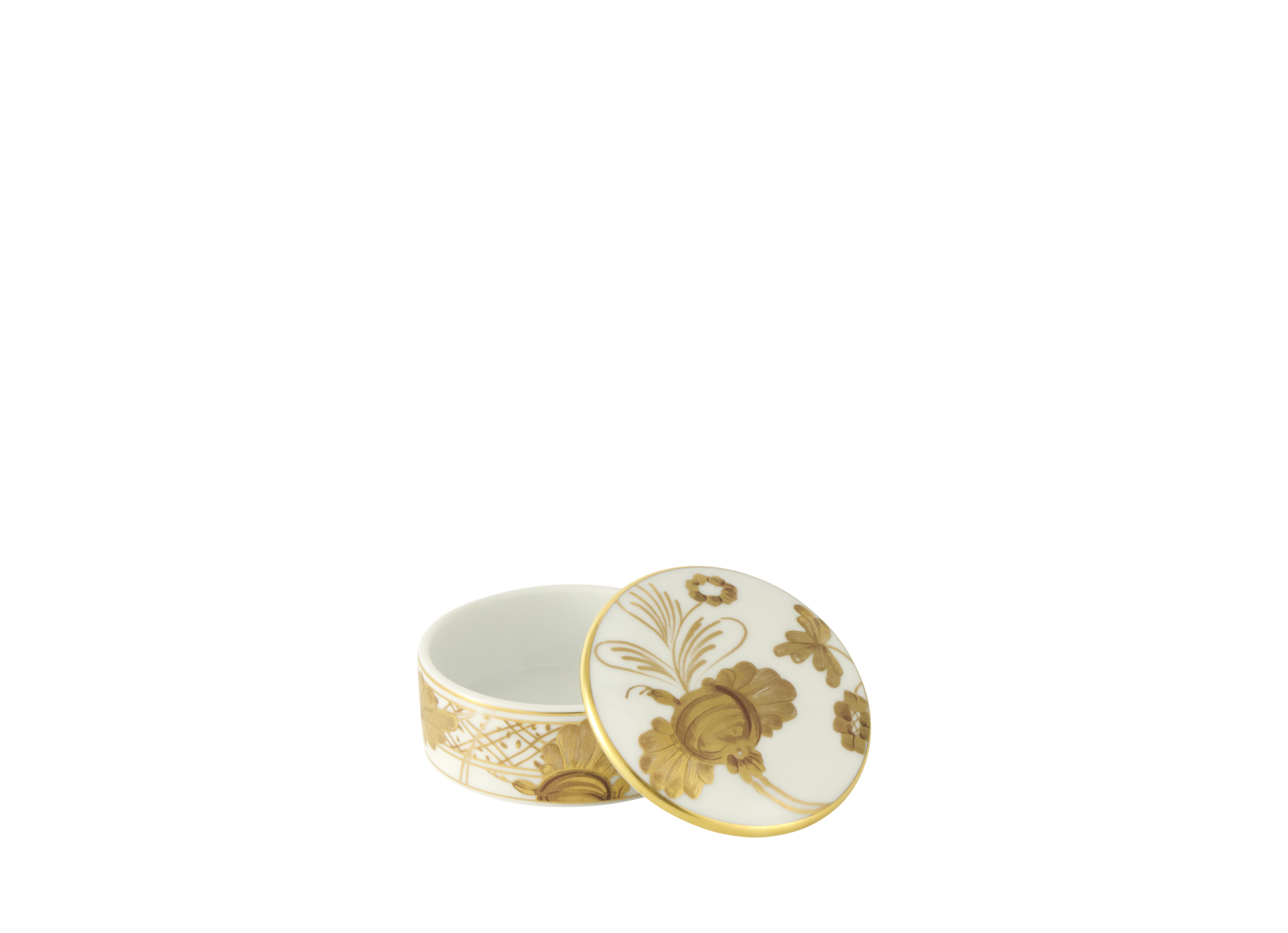 White porcelain scented stone box with a delicate pure gold floral ornament, part of the Oriente Italiano Gold Collection. open view