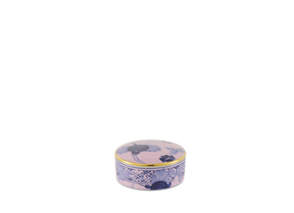 Round porcelain scented stone box with Azalea decoration from the Oriente Italiano collection, featuring a delicate floral Garofano (Carnation) motif. Handmade in Italy.