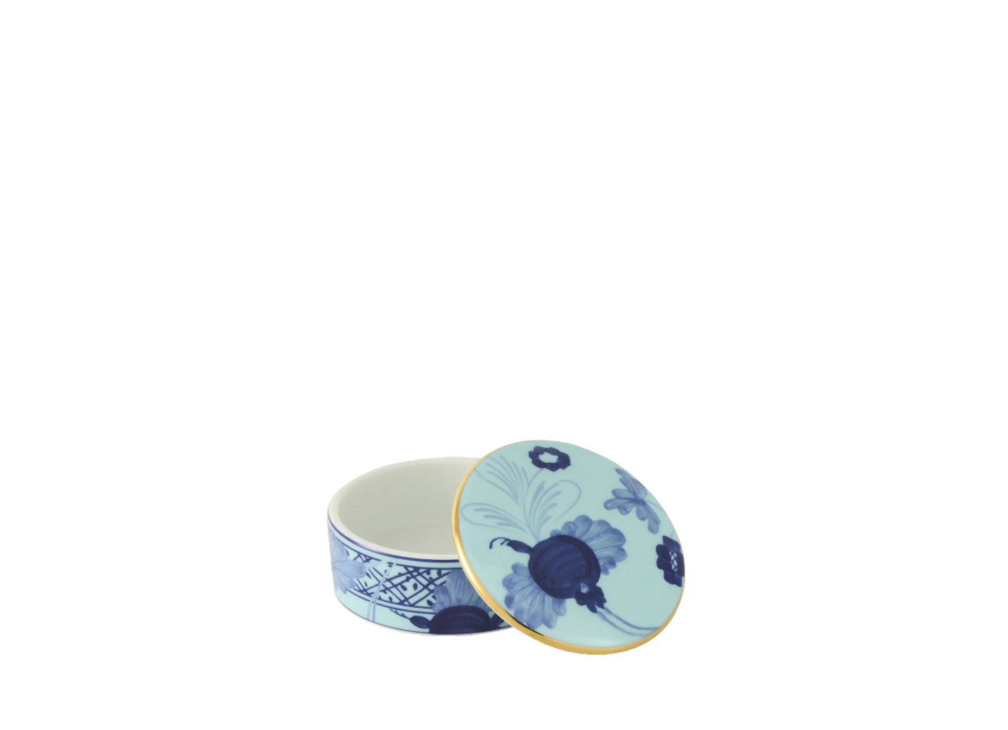 Round porcelain scented stone box with Iris decoration from the Oriente Italiano collection, featuring a delicate floral Garofano (Carnation) motif. Handmade in Italy.