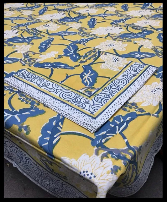 Asian Lotus Tablecloth in Yellow, Blue, and White