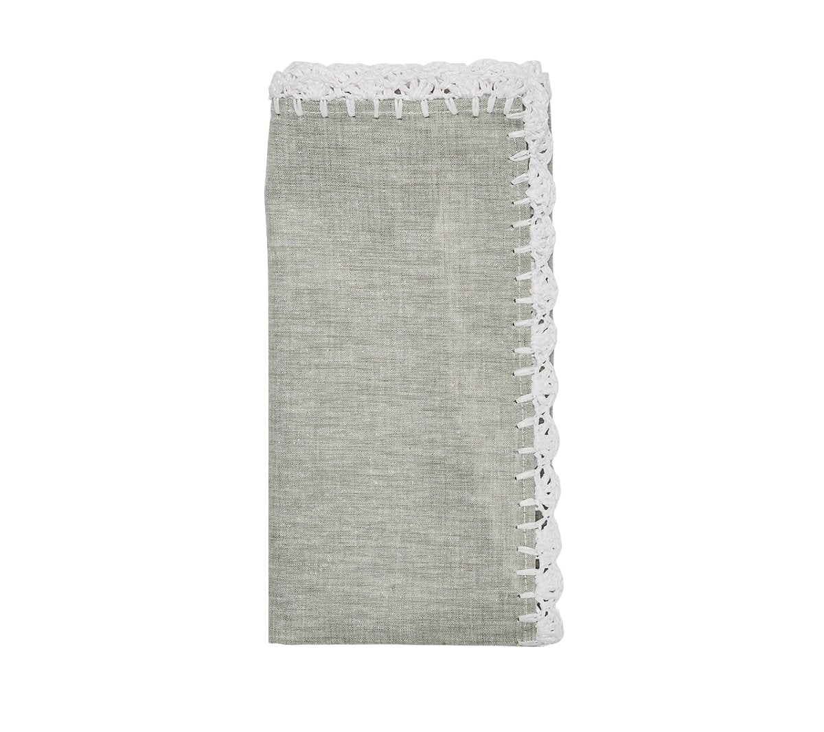 The Shell Edge napkin in gray with hand-crocheted raffia edging in white. A versatile napkin suited for bohemian and rustic-inspired table settings. 100% linen with raffia trimming.