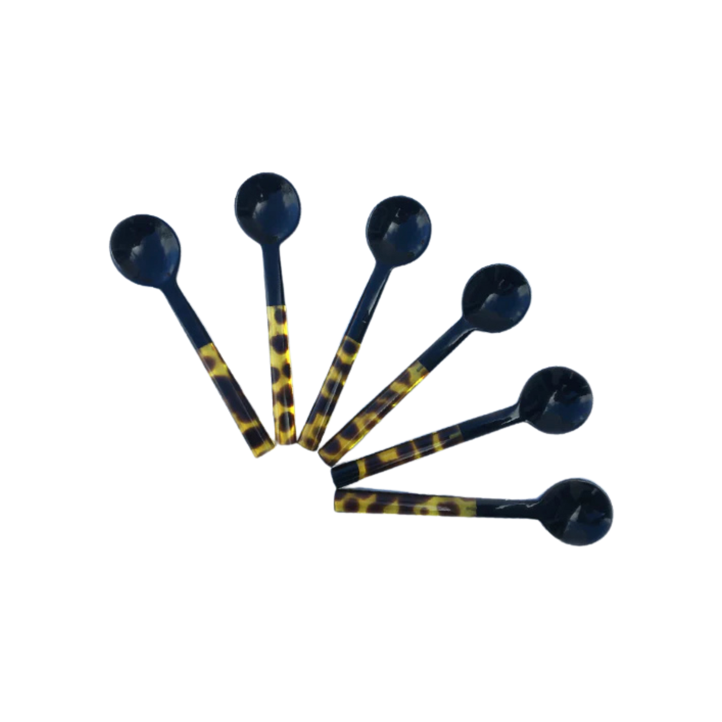 Tortoise Sorbet Spoons Set with marble handles, perfect for serving appetizers, dips, or desserts. Set of 6. Hand wash recommended.