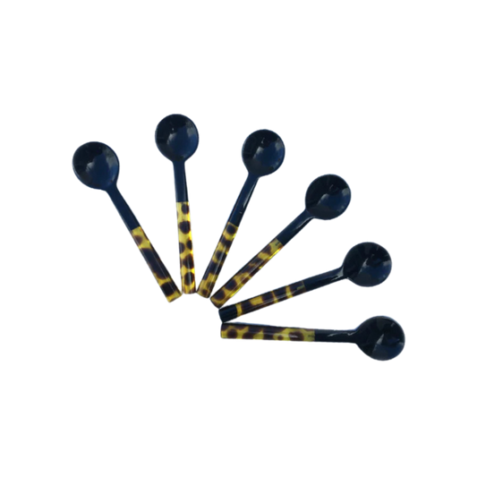 Tortoise Sorbet Spoons Set with marble handles, perfect for serving appetizers, dips, or desserts. Set of 6. Hand wash recommended.