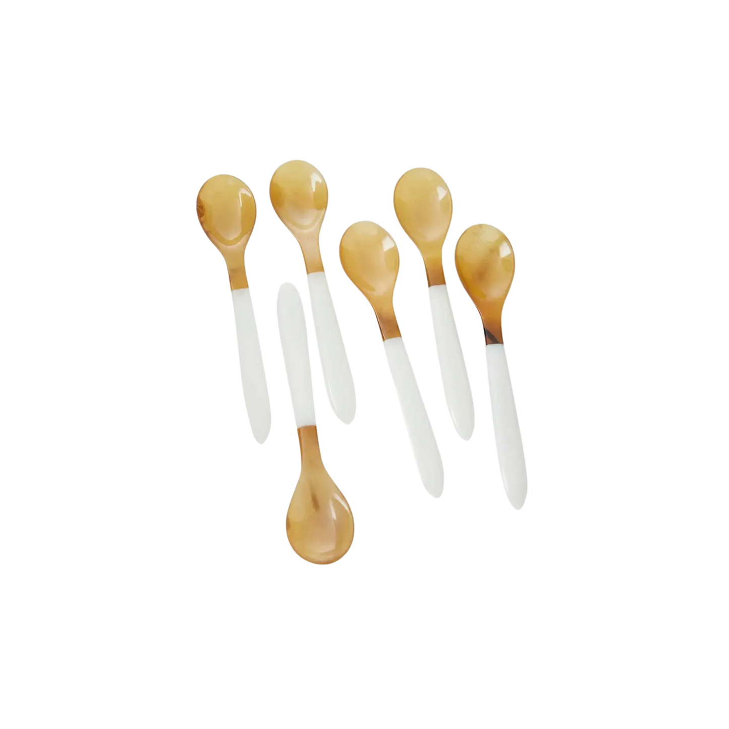 Sorbet Spoons Set in white and tan with marble handles, perfect for serving appetizers, dips, or desserts. Set of 6. Hand wash recommended.