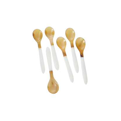 Sorbet Spoons Set in white and tan with marble handles, perfect for serving appetizers, dips, or desserts. Set of 6. Hand wash recommended.