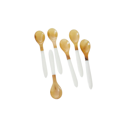 Sorbet Spoons Set in white and tan with marble handles, perfect for serving appetizers, dips, or desserts. Set of 6. Hand wash recommended.