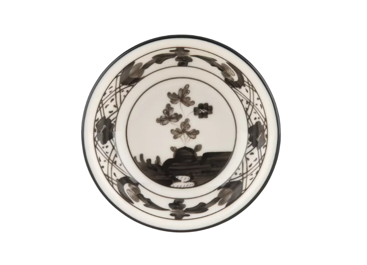 Albus soy sauce cup in porcelain from the Oriente Italiano collection. Features a linear design with black floral decoration contrasting against the porcelain