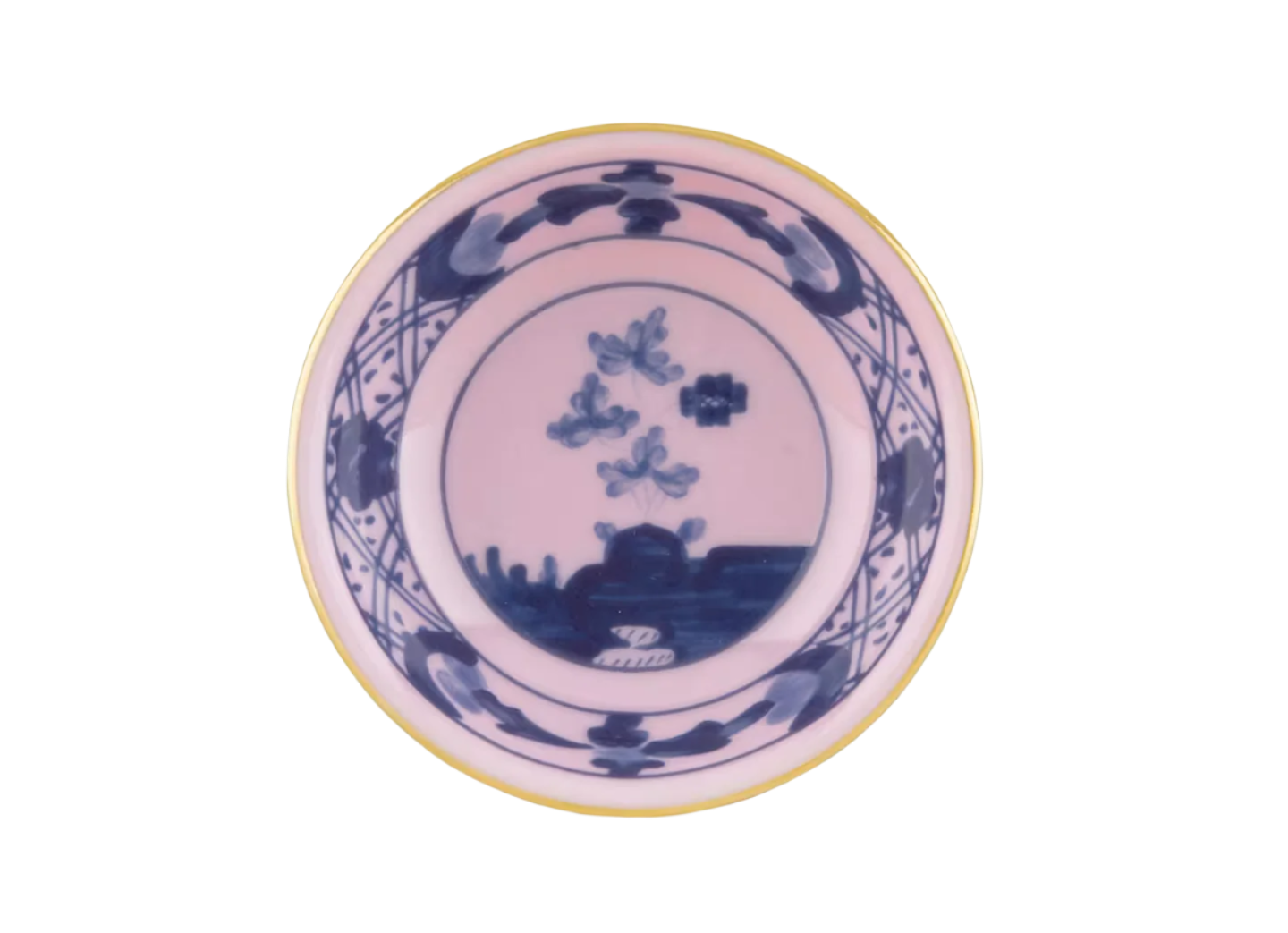 Azalea soy sauce cup in porcelain from the Oriente Italiano collection. Features the famous blue 'carnation' motif against azalea pink porcelain with hand-painted gold threading