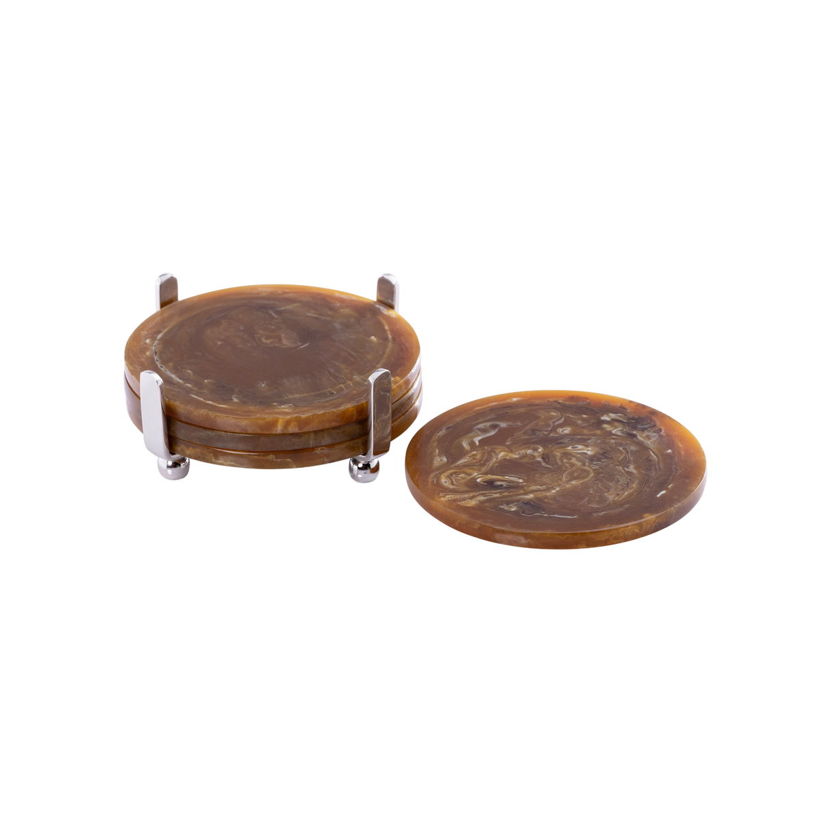 Spiga Set of 4 Coasters on Stand - Nickel with Amber Accent
