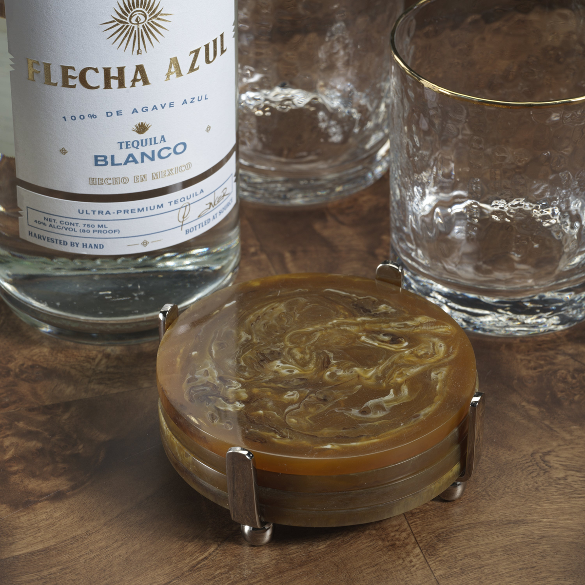 Spiga Set of 4 Coasters on Stand - Nickel with Amber Accent