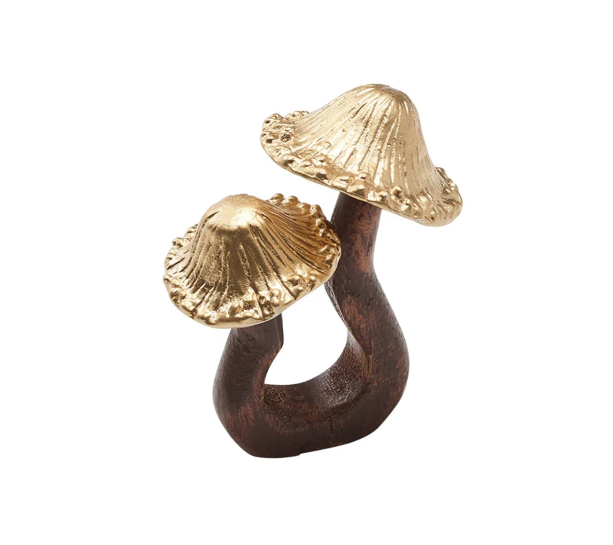 The Sprout Napkin Ring showcases gold-plated metal mushrooms sprouting from a carved wooden base, adding a rustic, organic charm to your fall table setting.