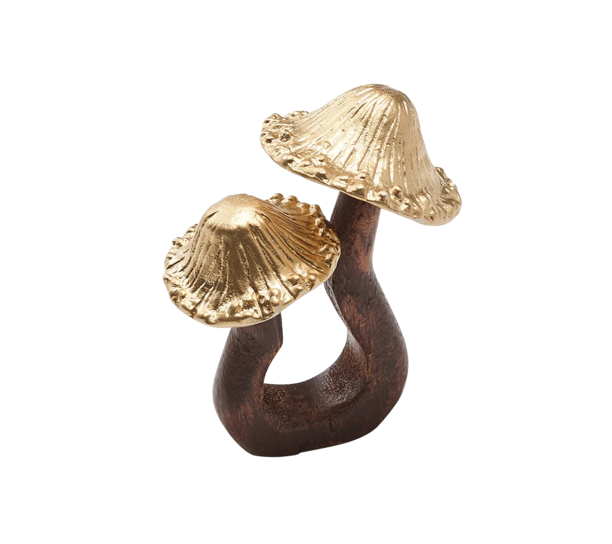 The Sprout Napkin Ring showcases gold-plated metal mushrooms sprouting from a carved wooden base, adding a rustic, organic charm to your fall table setting.