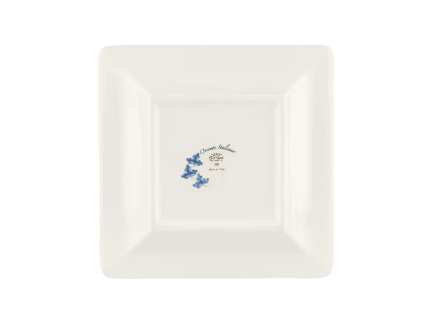 Iris square change tray in porcelain with gold threading from the Oriente Italiano collection. Features a blue carnation floral motif on iris blue porcelain with gold threading along the Antico Doccia shape.