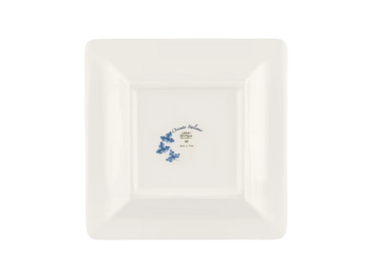 Iris square change tray in porcelain with gold threading from the Oriente Italiano collection. Features a blue carnation floral motif on iris blue porcelain with gold threading along the Antico Doccia shape.