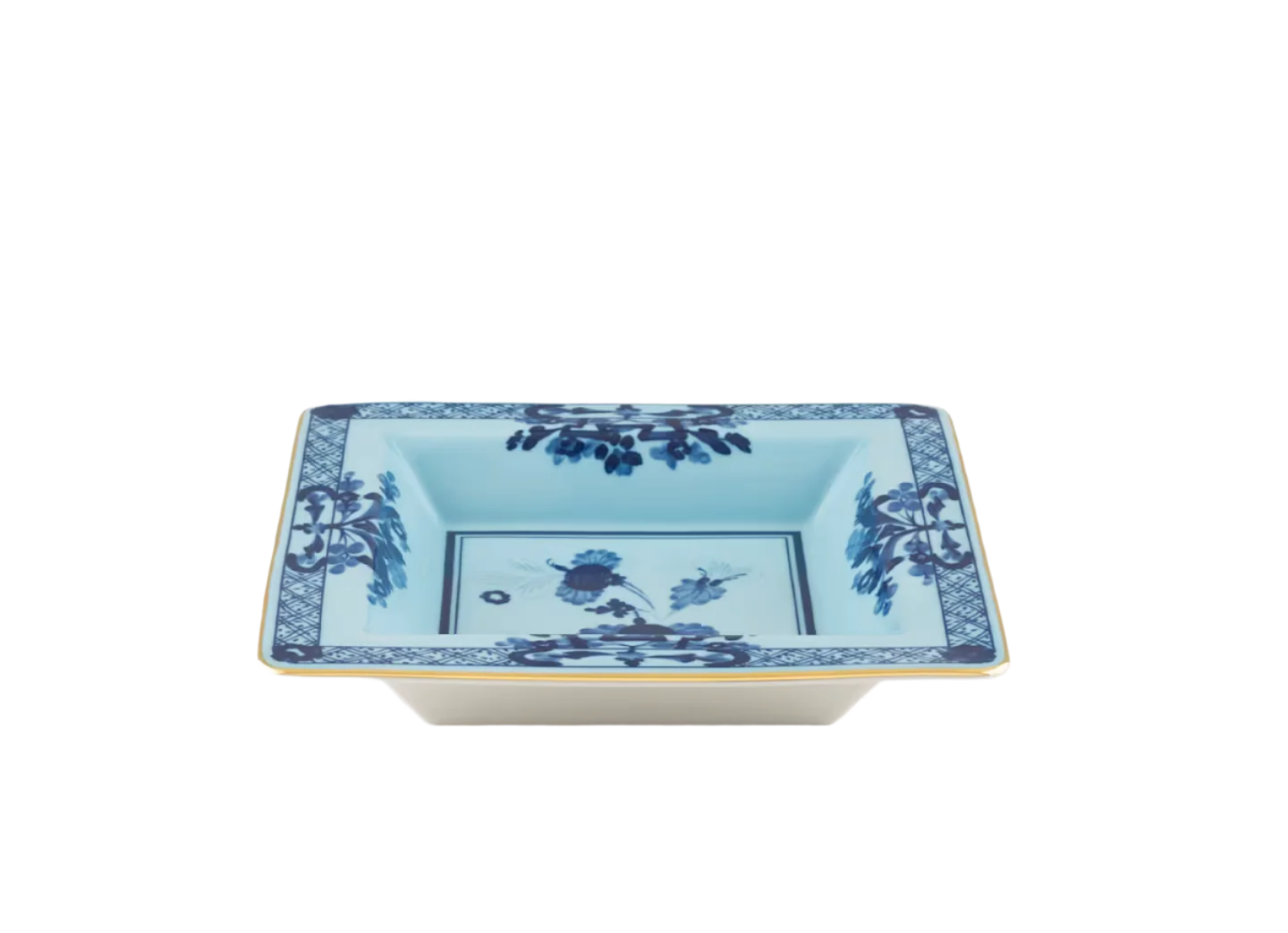 Iris square change tray in porcelain with gold threading from the Oriente Italiano collection. Features a blue carnation floral motif on iris blue porcelain with gold threading along the Antico Doccia shape.