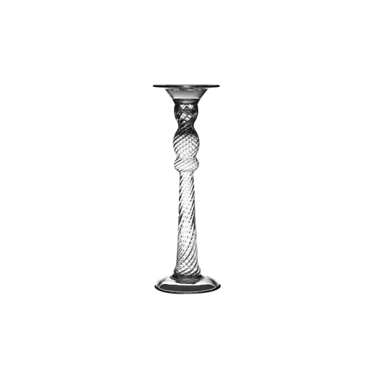 Large handmade glass candlestick by Abigails, mouth-blown in Poland with an 18th-century oil lamp design, adding classic elegance to any decor.