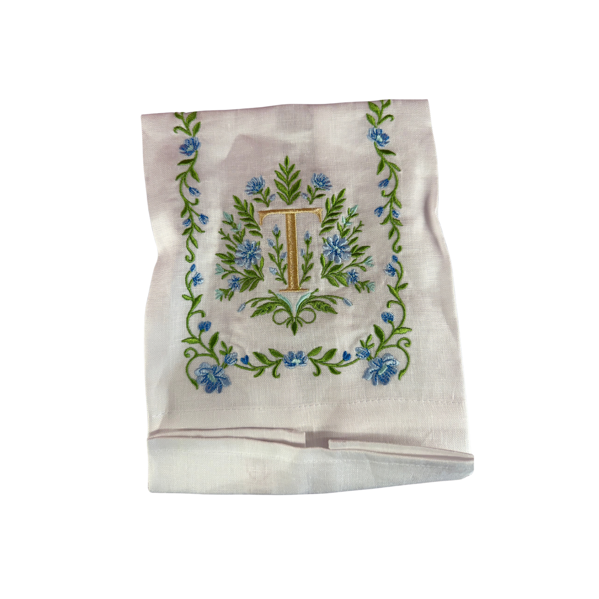 Floral Embroidered Monogram Linen Towel - Blue