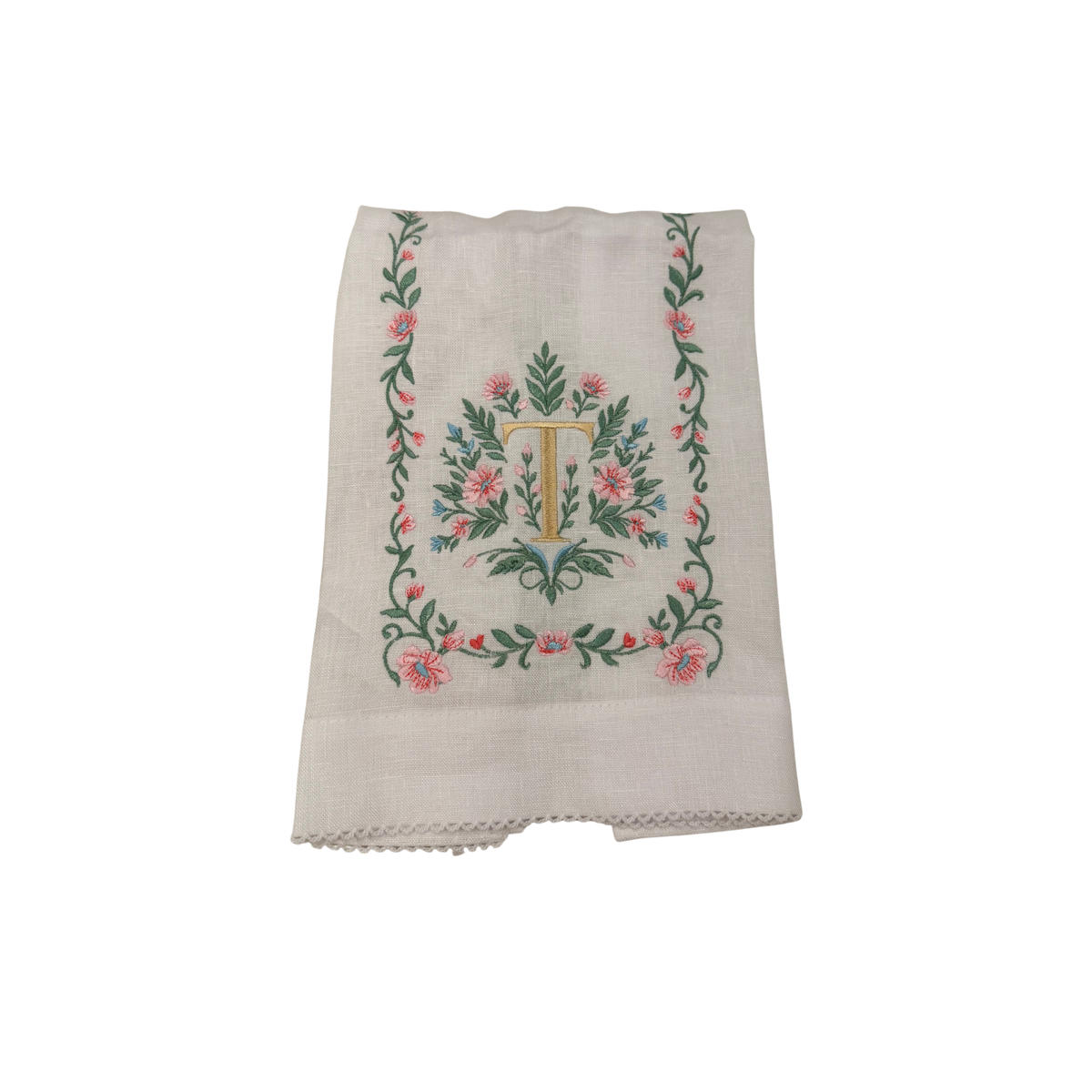 Floral Embroidered Monogram Linen Towel - Pink