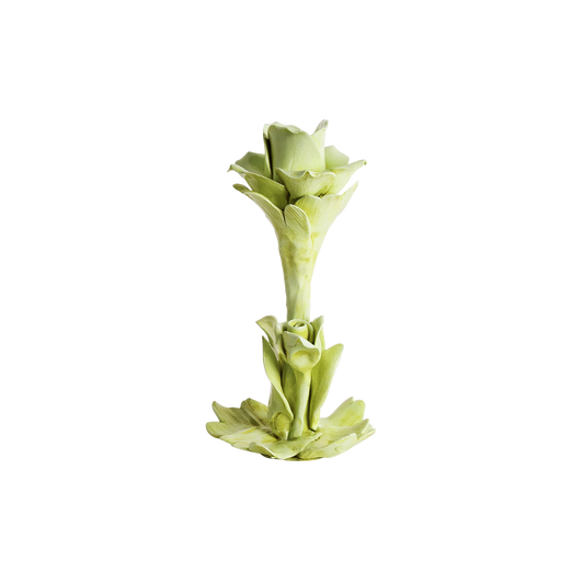 Tall ceramic candle holder adorned with a green rose design, adding a delicate and elegant touch to any room or table setting.