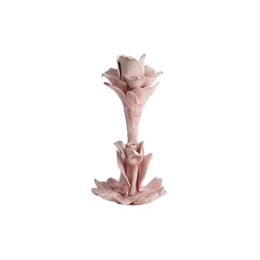 Tall ceramic candle holder adorned with a pink rose design, adding a delicate and elegant touch to any room or table setting.