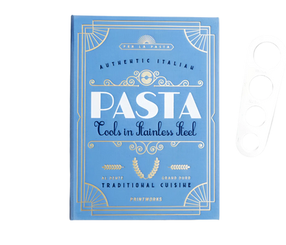 Essential Pasta Kit in an elegant book-like box containing stainless steel spaghetti measurer, serving tongs, and grater—all dishwasher safe for perfect pasta nights.