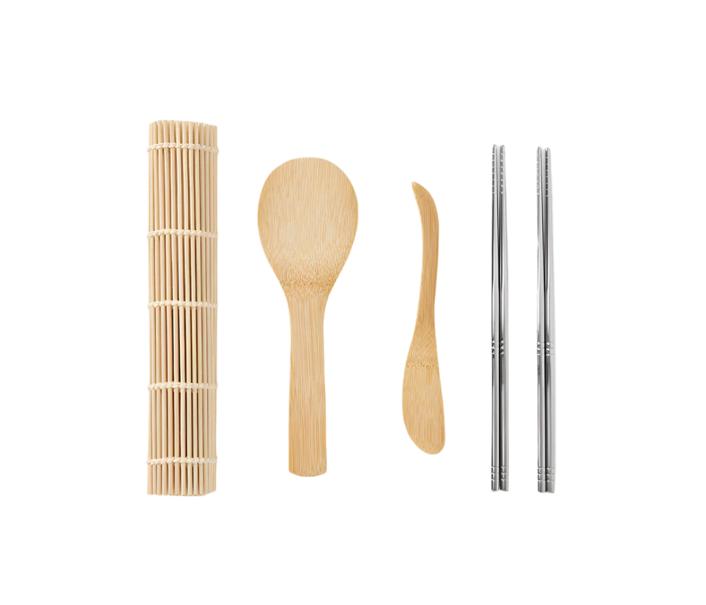 Essential Sushi Kit in a book-like box, featuring a bamboo rice paddle, spreading knife, rolling mat, and 8 chopsticks. Ideal for sushi-making, with all tools dishwasher safe.