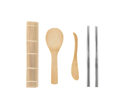 Essential Sushi Kit in a book-like box, featuring a bamboo rice paddle, spreading knife, rolling mat, and 8 chopsticks. Ideal for sushi-making, with all tools dishwasher safe.