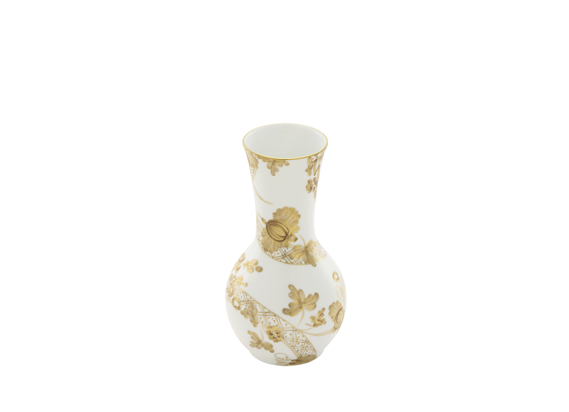 Tulipano porcelain vase with Aurum decoration in pure gold from the Oriente Italiano Gold collection. This vase showcases exquisite Italian craftsmanship, featuring a hand-painted floral motif in pure gold on white porcelain, creating an elegant collector's piece.