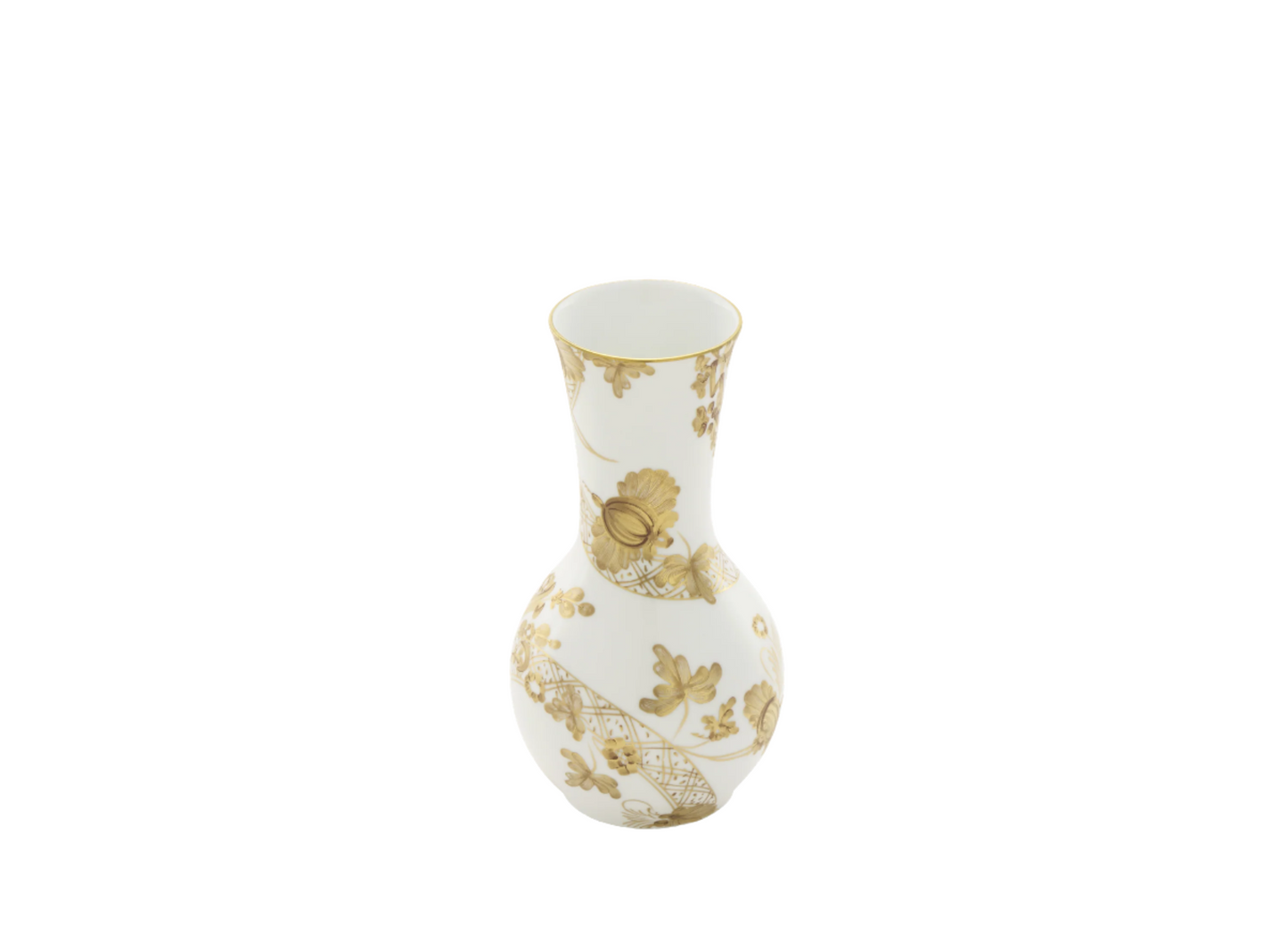 Tulipano porcelain vase with Aurum decoration in pure gold from the Oriente Italiano Gold collection. This vase showcases exquisite Italian craftsmanship, featuring a hand-painted floral motif in pure gold on white porcelain, creating an elegant collector's piece.