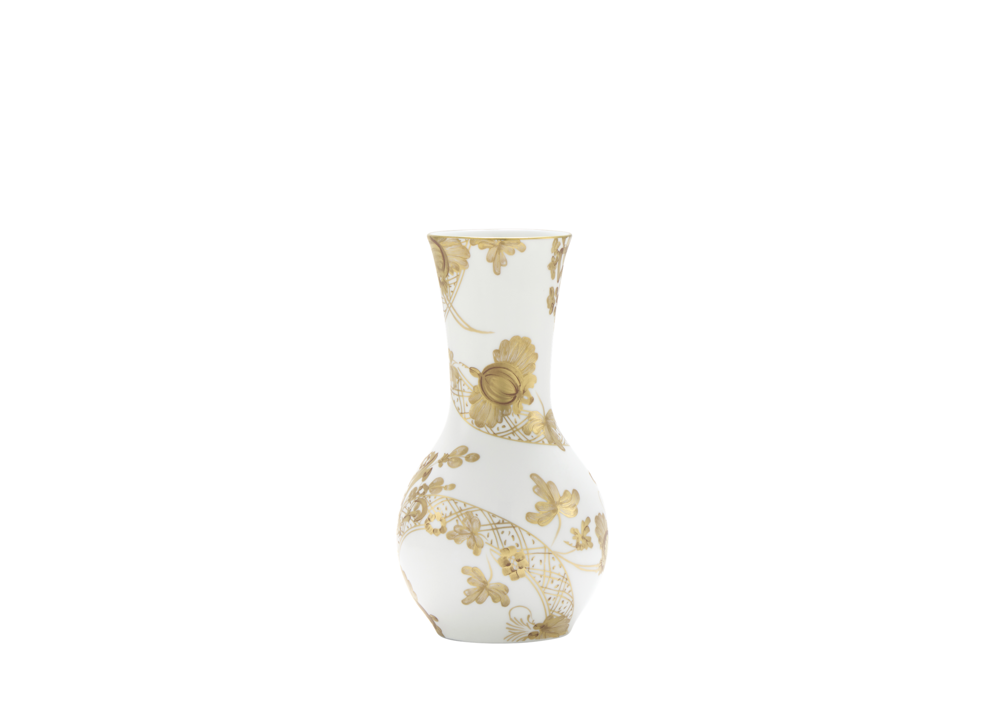 Tulipano porcelain vase with Aurum decoration in pure gold from the Oriente Italiano Gold collection. This vase showcases exquisite Italian craftsmanship, featuring a hand-painted floral motif in pure gold on white porcelain, creating an elegant collector's piece.