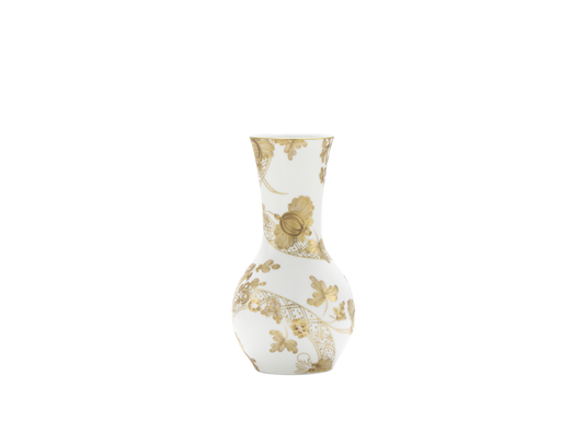 Tulipano porcelain vase with Aurum decoration in pure gold from the Oriente Italiano Gold collection. This vase showcases exquisite Italian craftsmanship, featuring a hand-painted floral motif in pure gold on white porcelain, creating an elegant collector's piece.