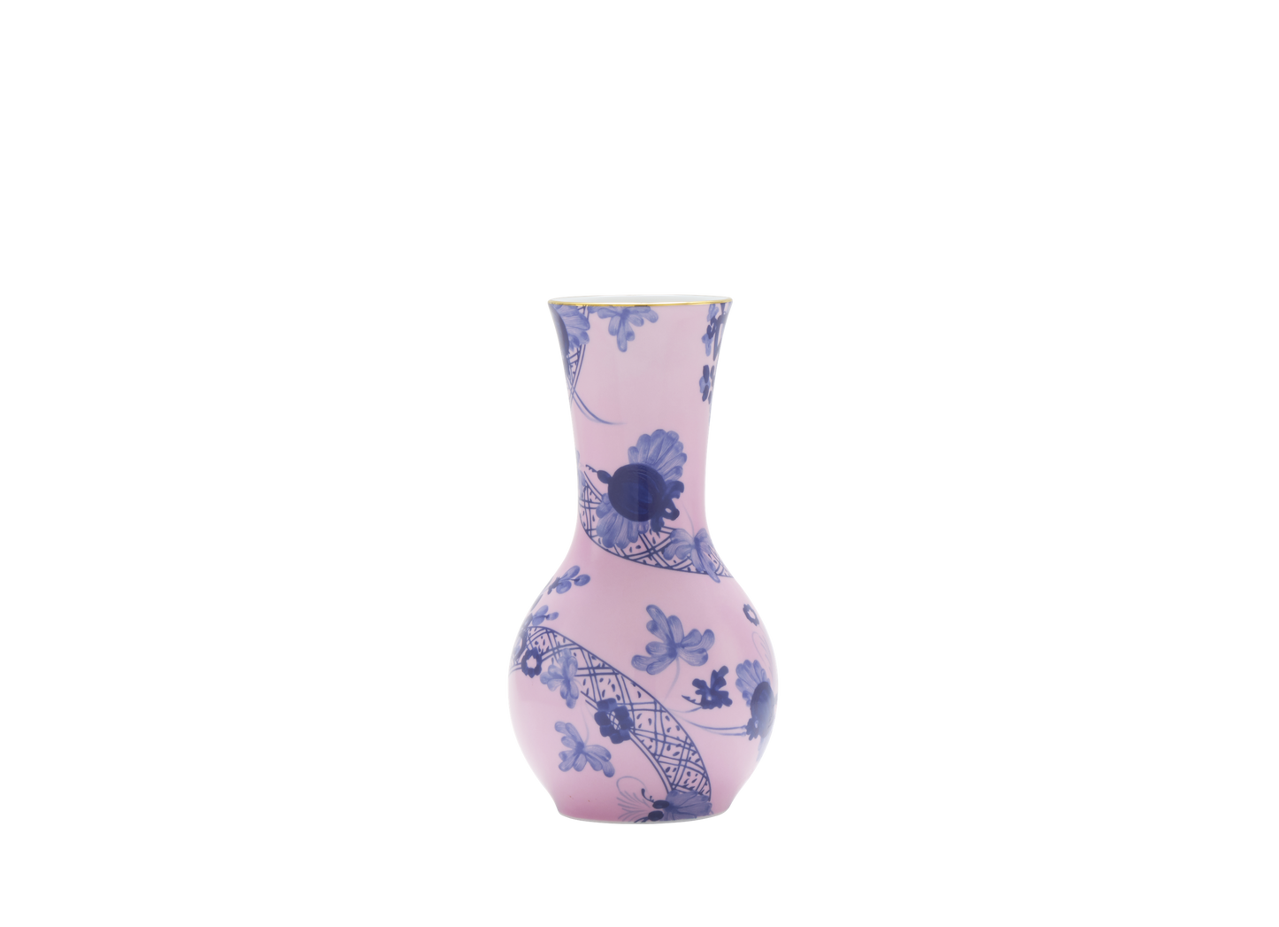 Tulipano vase in Azalea, made of fine porcelain with hand-painted gold threading from the Oriente Italiano collection. The vase features a striking blue carnation motif that contrasts beautifully with the azalea pink porcelain, creating a visually captivating design.