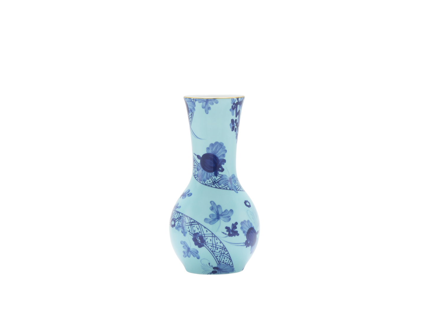 Tulipano vase in Iris, made of fine porcelain with hand-painted gold threading from the Oriente Italiano collection. The vase features a striking blue carnation motif, creating a visually captivating design.