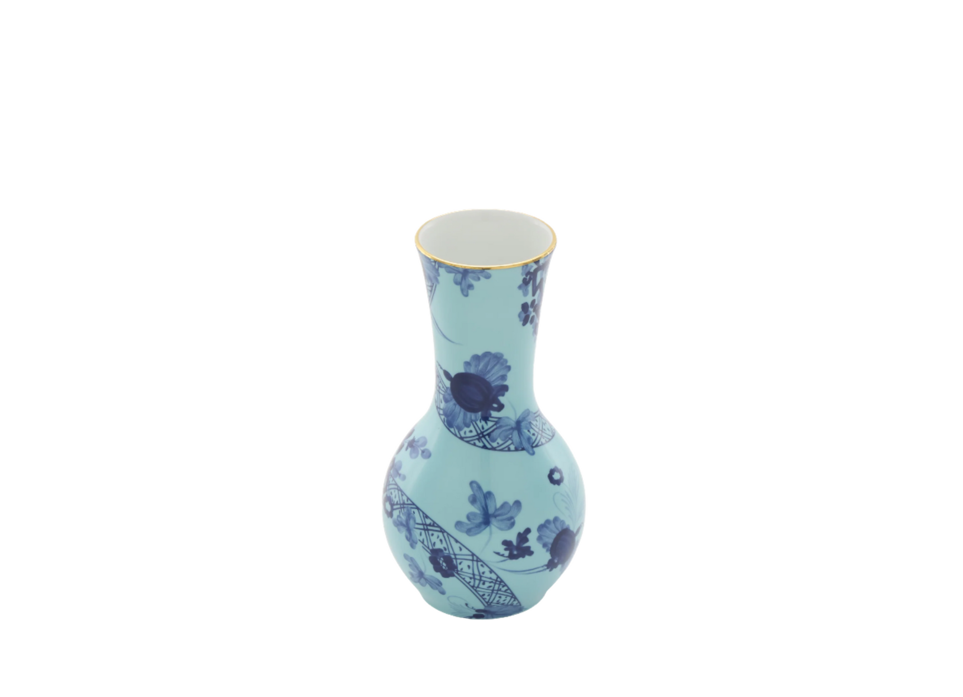 Tulipano vase in Iris, made of fine porcelain with hand-painted gold threading from the Oriente Italiano collection. The vase features a striking blue carnation motif, creating a visually captivating design.