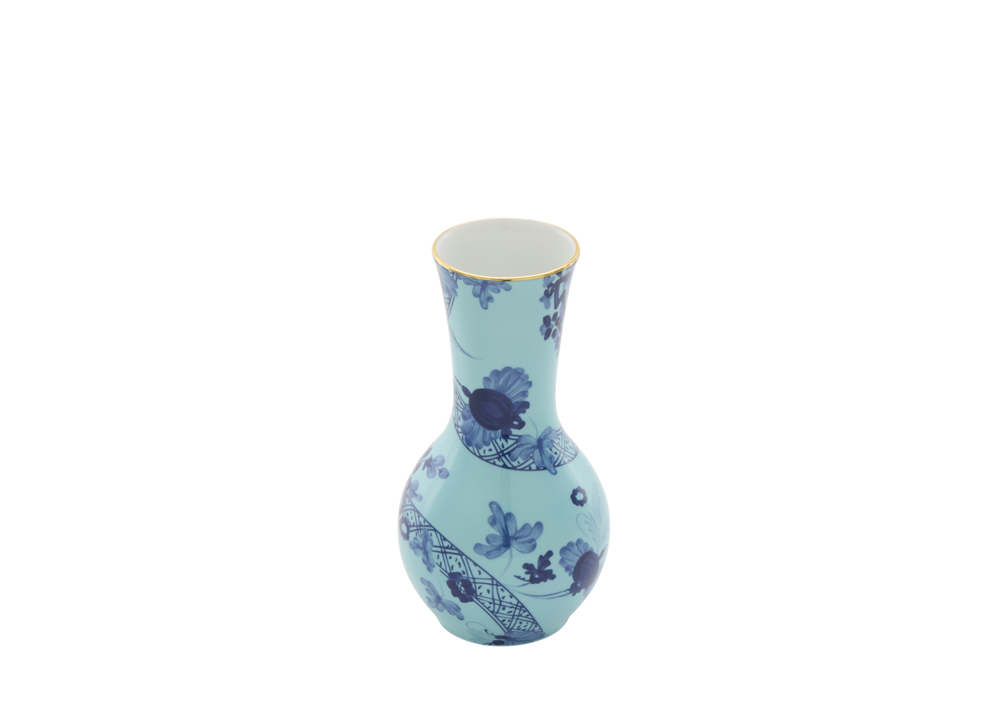 Tulipano vase in Iris, made of fine porcelain with hand-painted gold threading from the Oriente Italiano collection. The vase features a striking blue carnation motif, creating a visually captivating design.