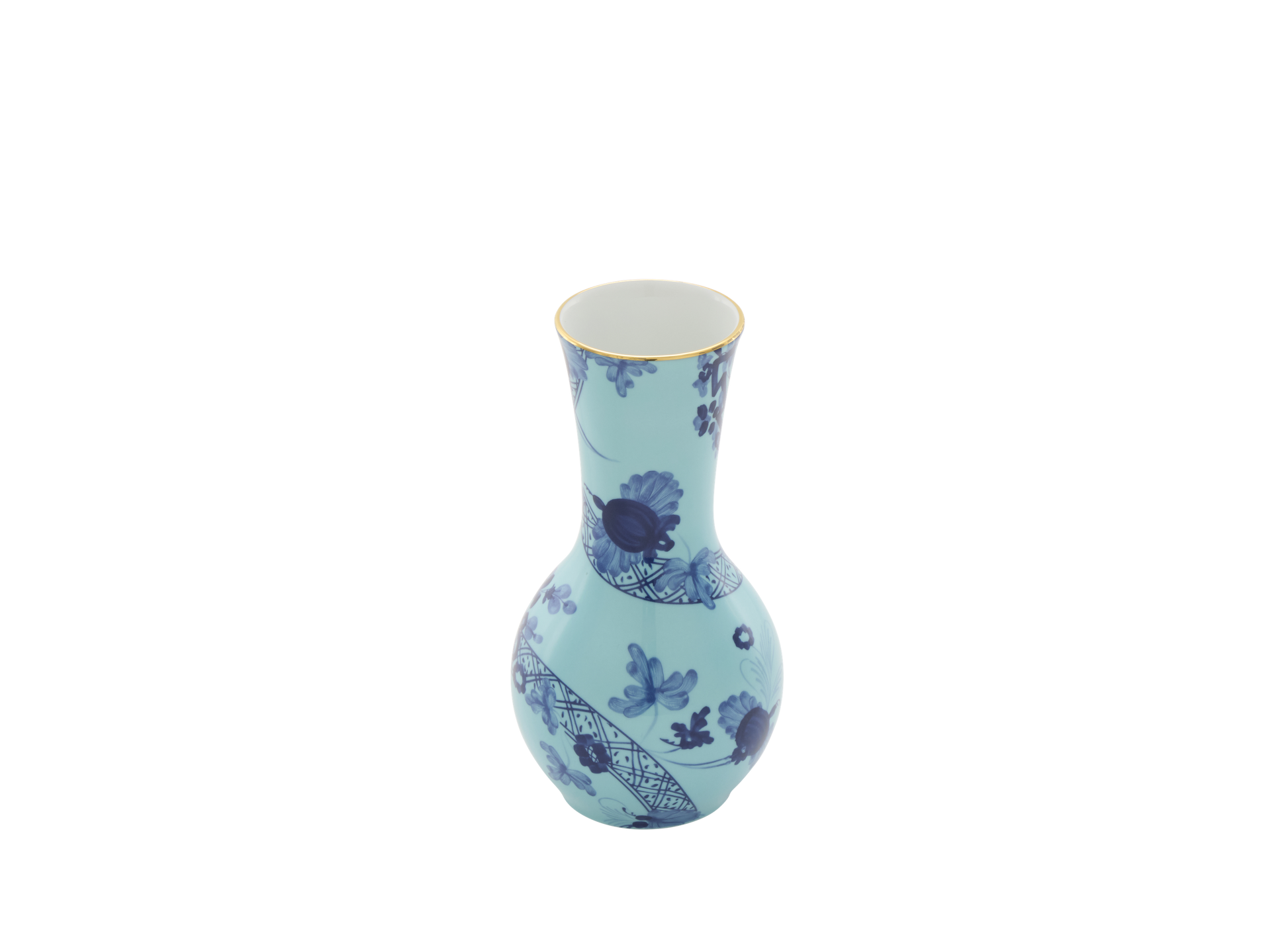 Tulipano vase in Iris, made of fine porcelain with hand-painted gold threading from the Oriente Italiano collection. The vase features a striking blue carnation motif, creating a visually captivating design.