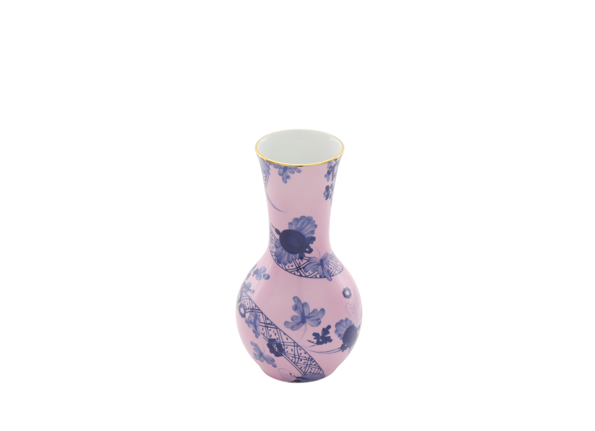 Tulipano vase in Azalea, made of fine porcelain with hand-painted gold threading from the Oriente Italiano collection. The vase features a striking blue carnation motif that contrasts beautifully with the azalea pink porcelain, creating a visually captivating design.