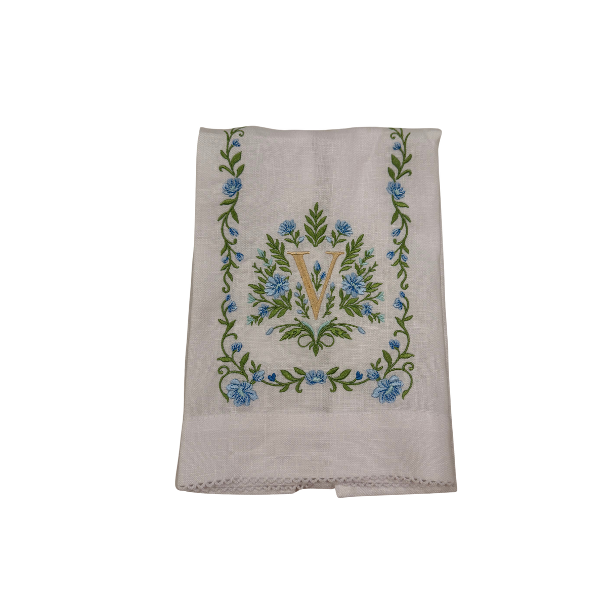 Floral Embroidered Monogram Linen Towel - Blue