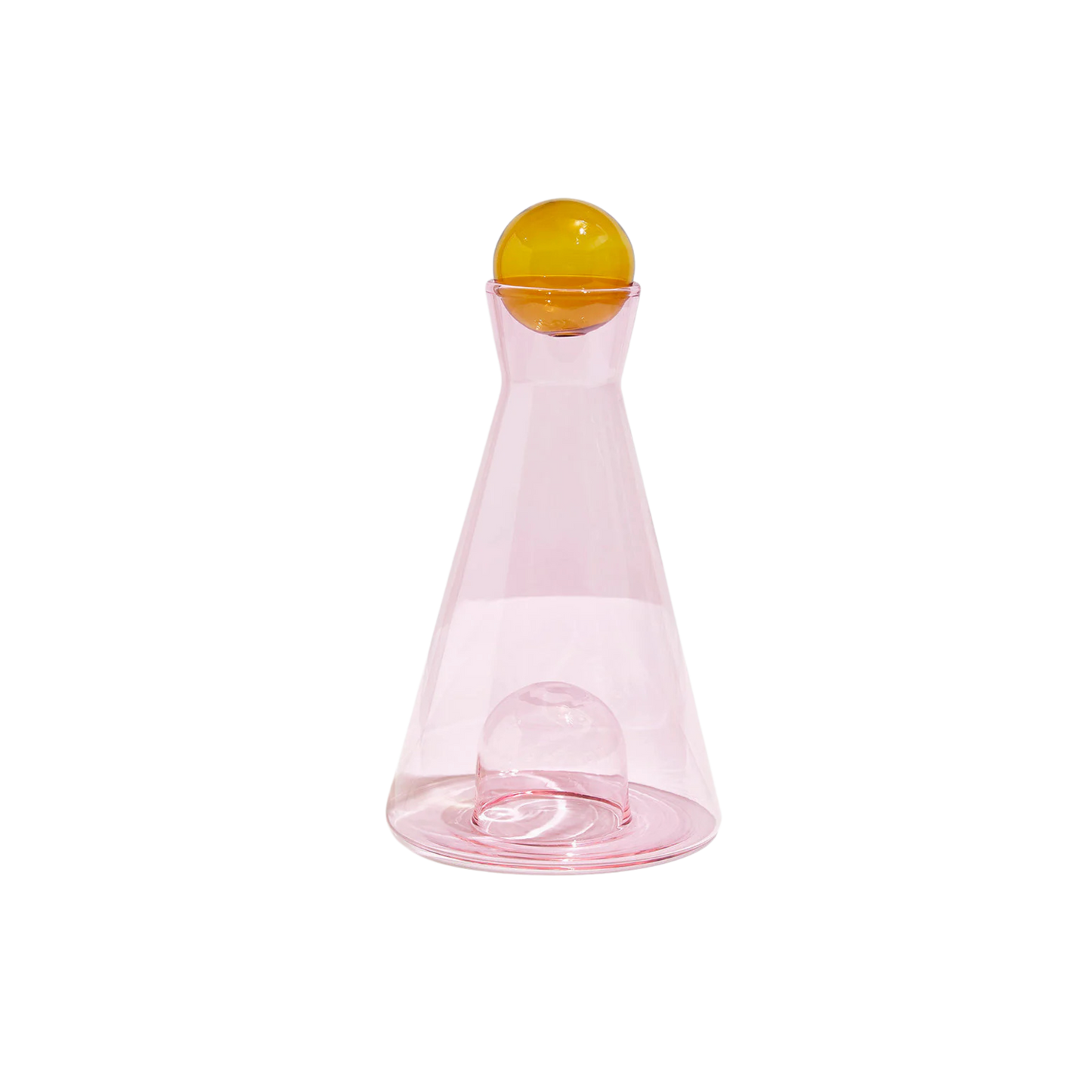 Pink and amber Vice Versa Carafe with a sculptural sphere that can rest in the glass-blown mouth or base, perfect as a centerpiece or stylish serving vessel.