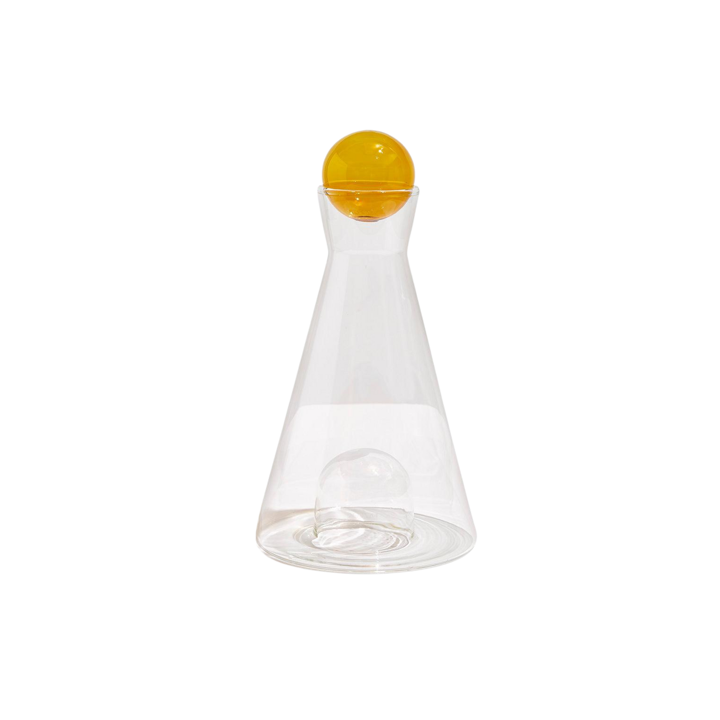 Clear and amber Vice Versa Carafe with a sculptural sphere that can rest in the glass-blown mouth or base, perfect as a centerpiece or stylish serving vessel.