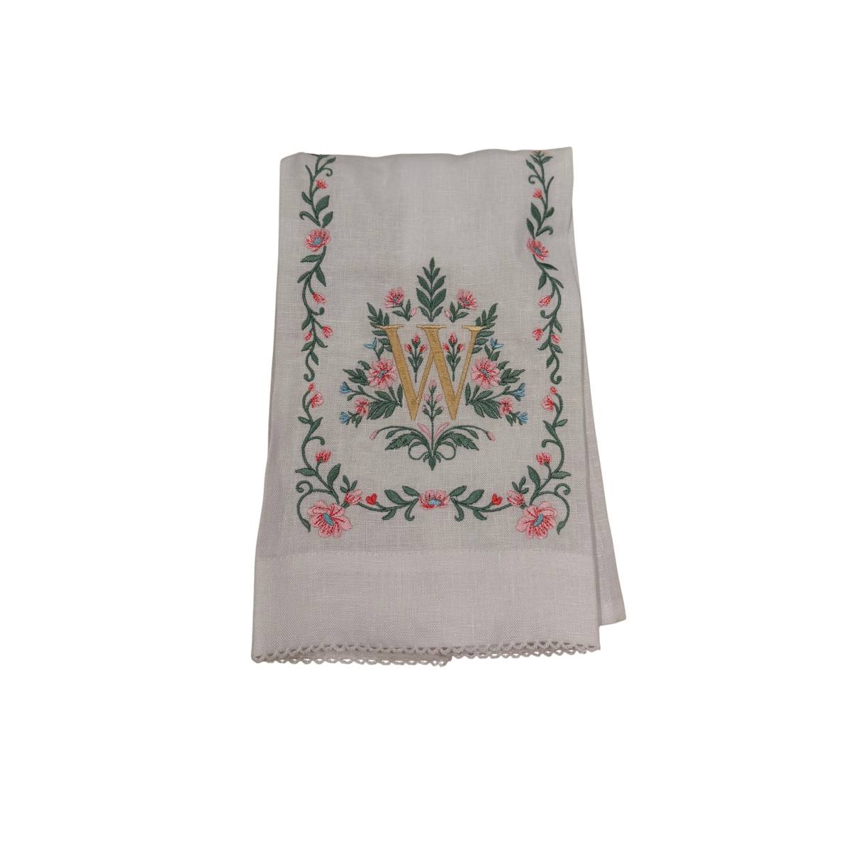 Floral Embroidered Monogram Linen Towel - Pink