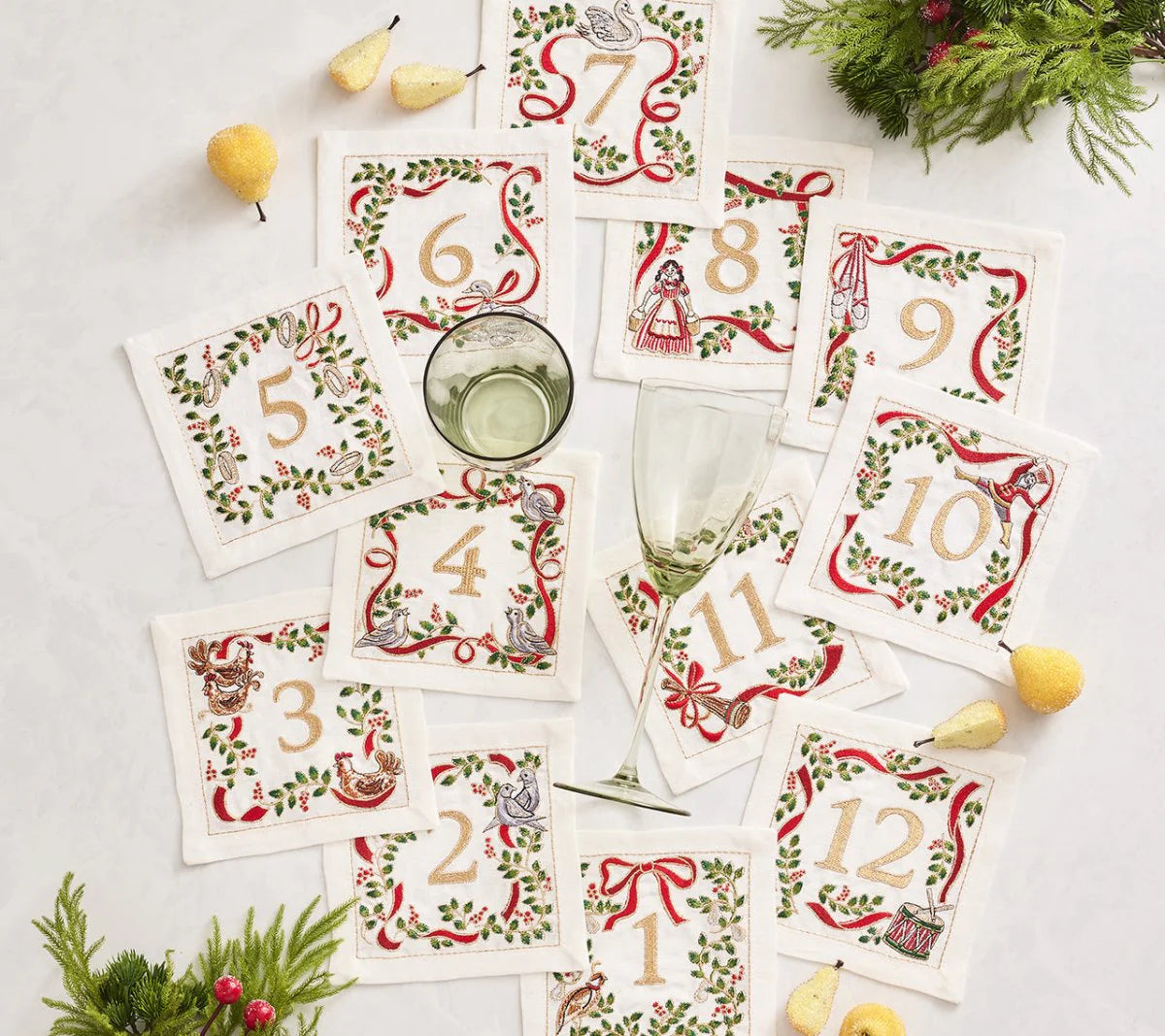 Xmas Carol Cocktail Napkin in White, Red & Green, Set of 12 in a Gift Box