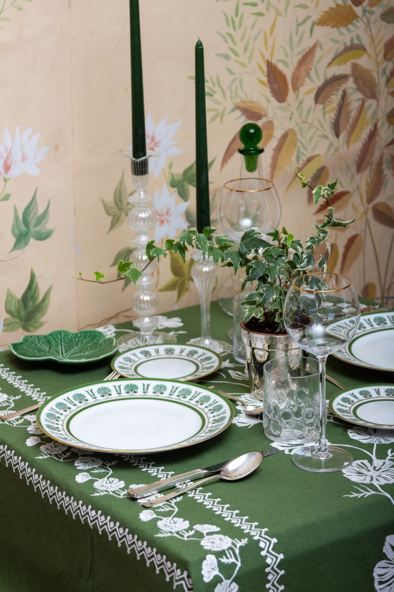 Cosmo Green Emboridered Tablecloth - Hosted by Kelly Gaudreau