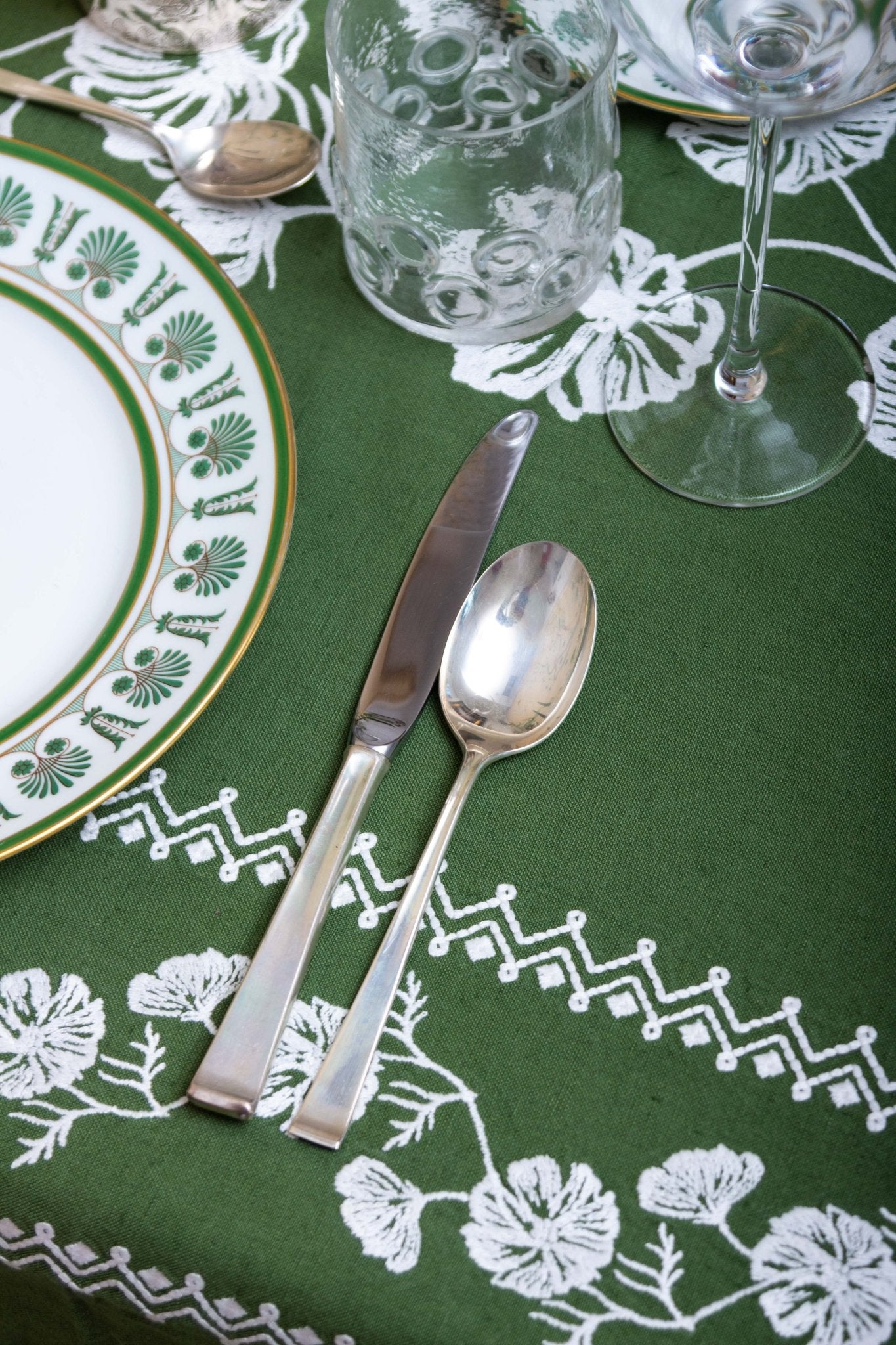 Cosmo Green Emboridered Tablecloth - Hosted by Kelly Gaudreau
